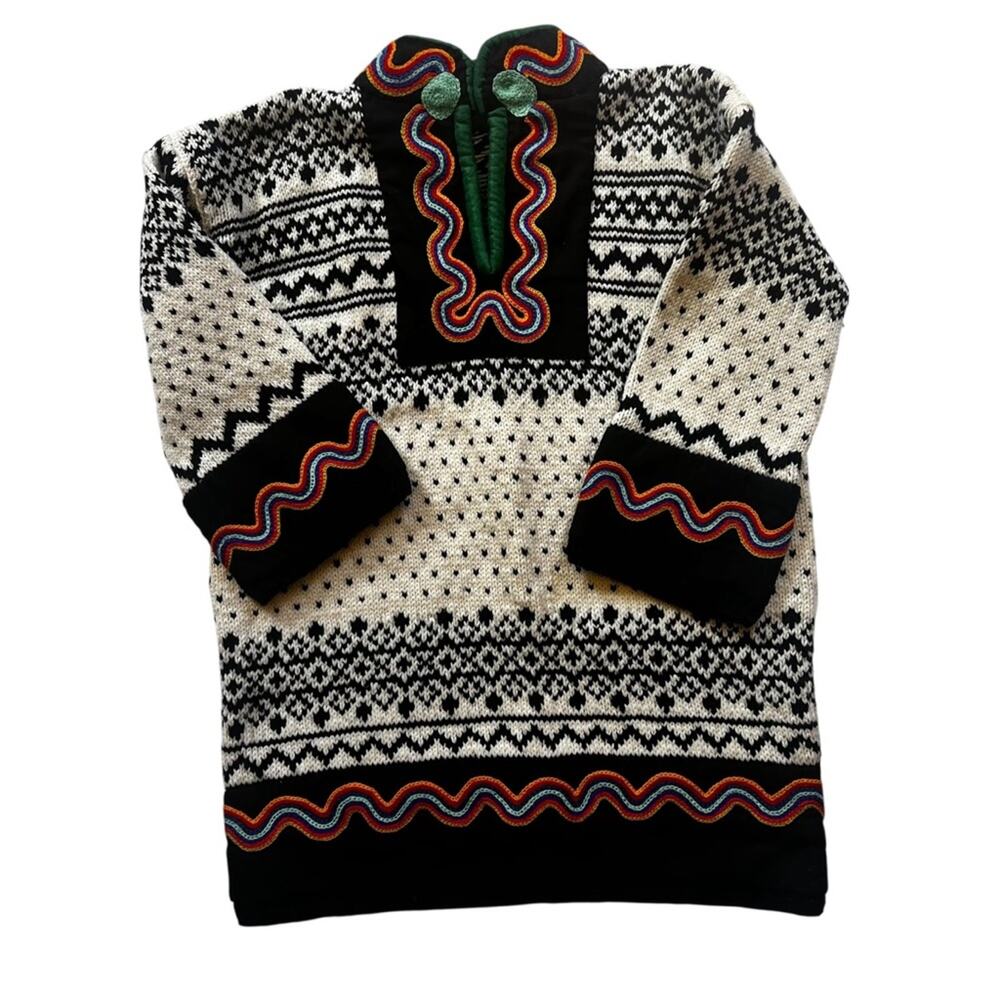 Hand-Knit Vintage Norwegian Lusekofte Wool Jumper | Black White Nordic FairIsle